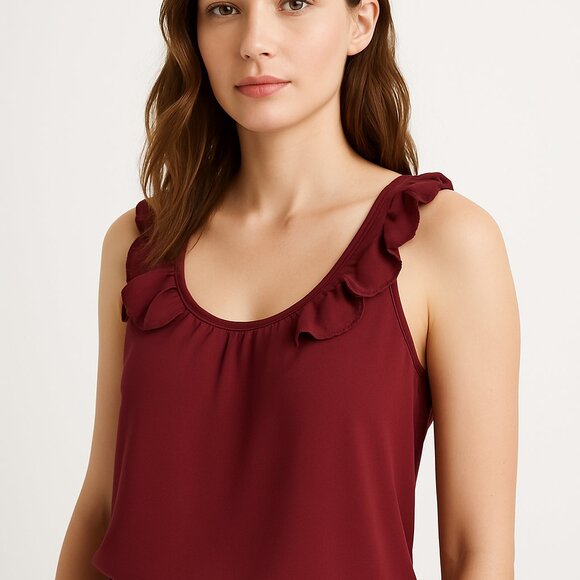 Wilfred Maroon Sleeveless Blouse with Ruffle Detail - Size S 100 % SILK - Picture 1 of 6